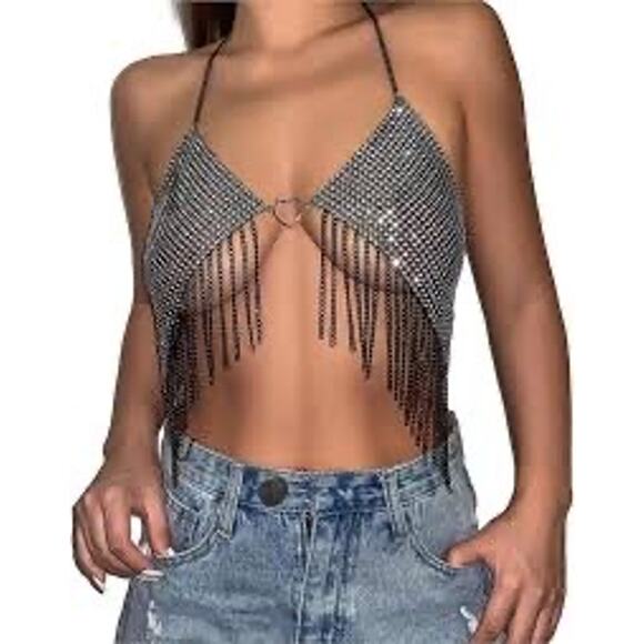 MSRP $40. Chain crop top Rhinestone Bikini Top Size S-M | SAME or NEXT DAY SHIP - Picture 1 of 7